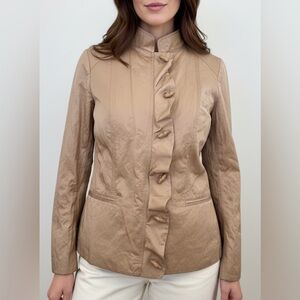 Per Se by Carlisle Jacket Tan Metallic Toggle Buttons Ruffled Placket US 12